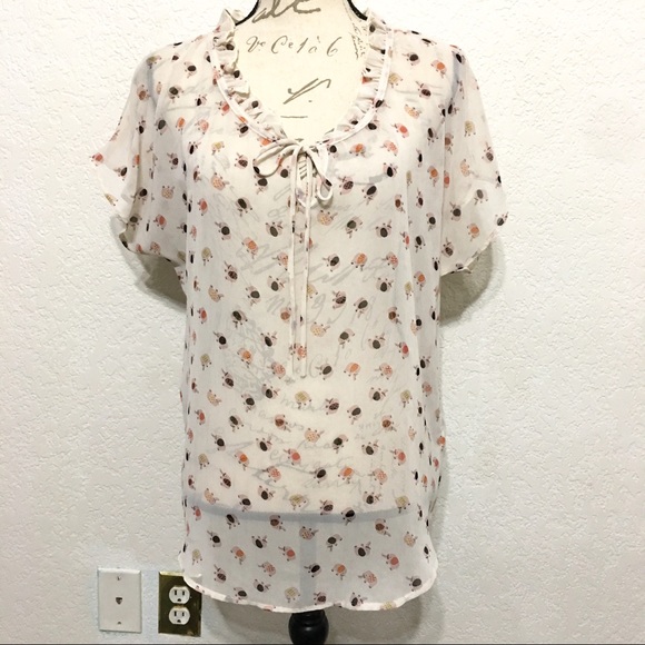 EVERLY FLOWY RUFFLE NECK ELEPHANT PRINT SHEER TOP - Picture 1 of 8